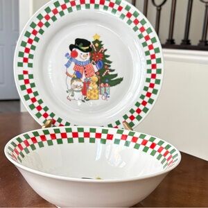 Christmas Snowman/Cat Bowl and Plate Set